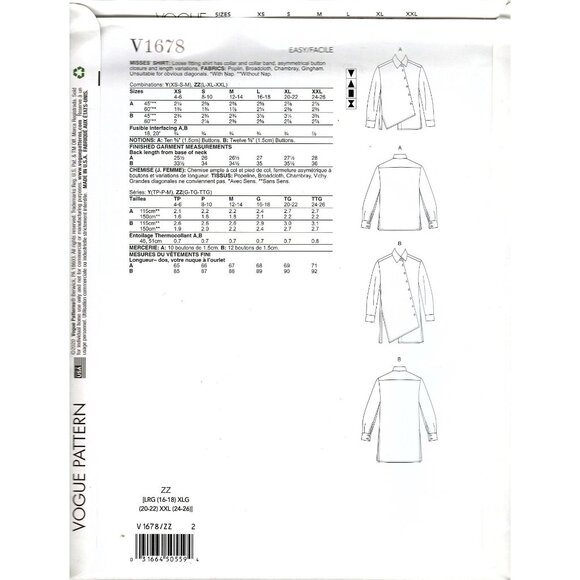 Vogue V1678 Misses L to XXL Asymmetrical Blouse Top Uncut Sewing Pattern - Picture 2 of 2